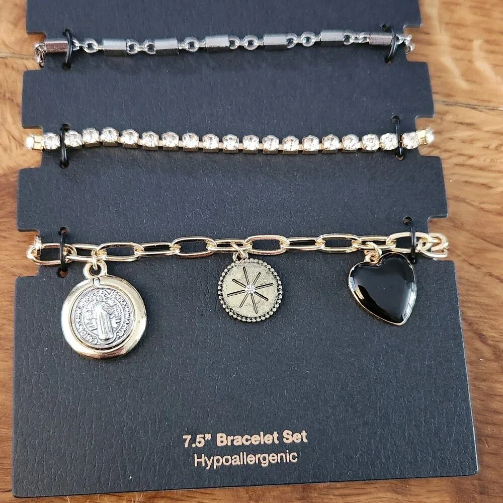 3 Bracelet set Black Heart  Gold Coin